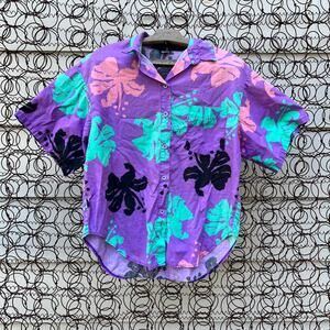 Vintage Raisins purple teal pink bold neon tropical short sleeve Hawaiian shirt